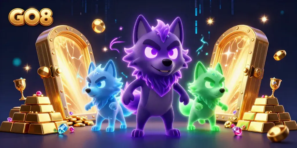 Unleash the magic of GO8 with a vibrant illustration of mystical wolves amidst treasures, embodying excitement in gaming.