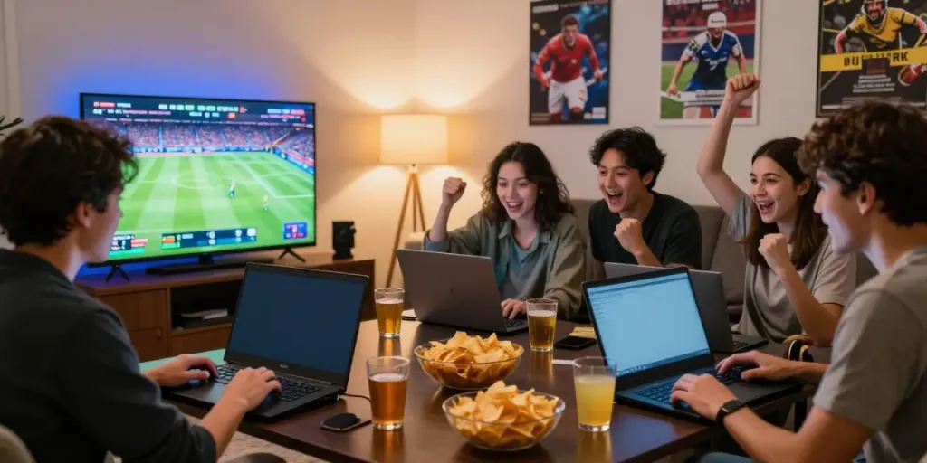 A vibrant gaming scene showcasing friends enjoying online betting at 9bet.com with sports events streaming and snacks around.