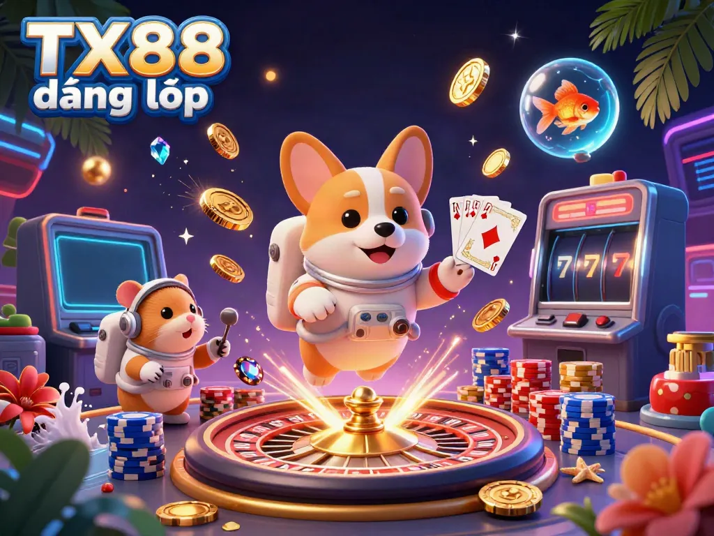 Engage with TX88 đăng nhập, witnessing a 3D astronaut corgi and friends floating in a vibrant casino space.