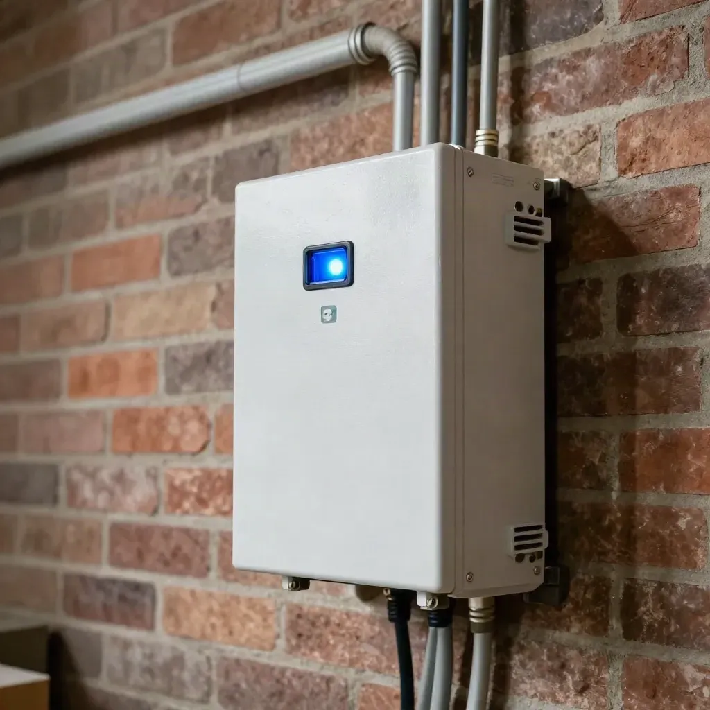 White inverter powering up on brick wall with blue status light and tidy conduit