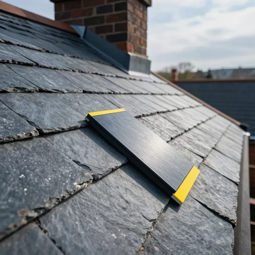 Macro roof slate with panel alignment shadows, chimney shade and a panel-frame sample.