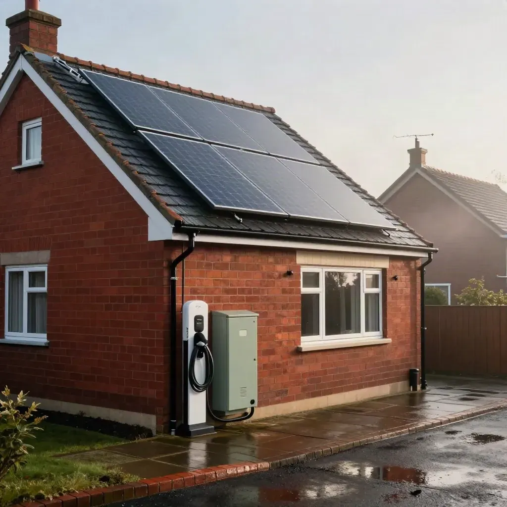Rain-washed UK semi-detached home with solar panels, battery cabinet and EV charger in misty dawn light.