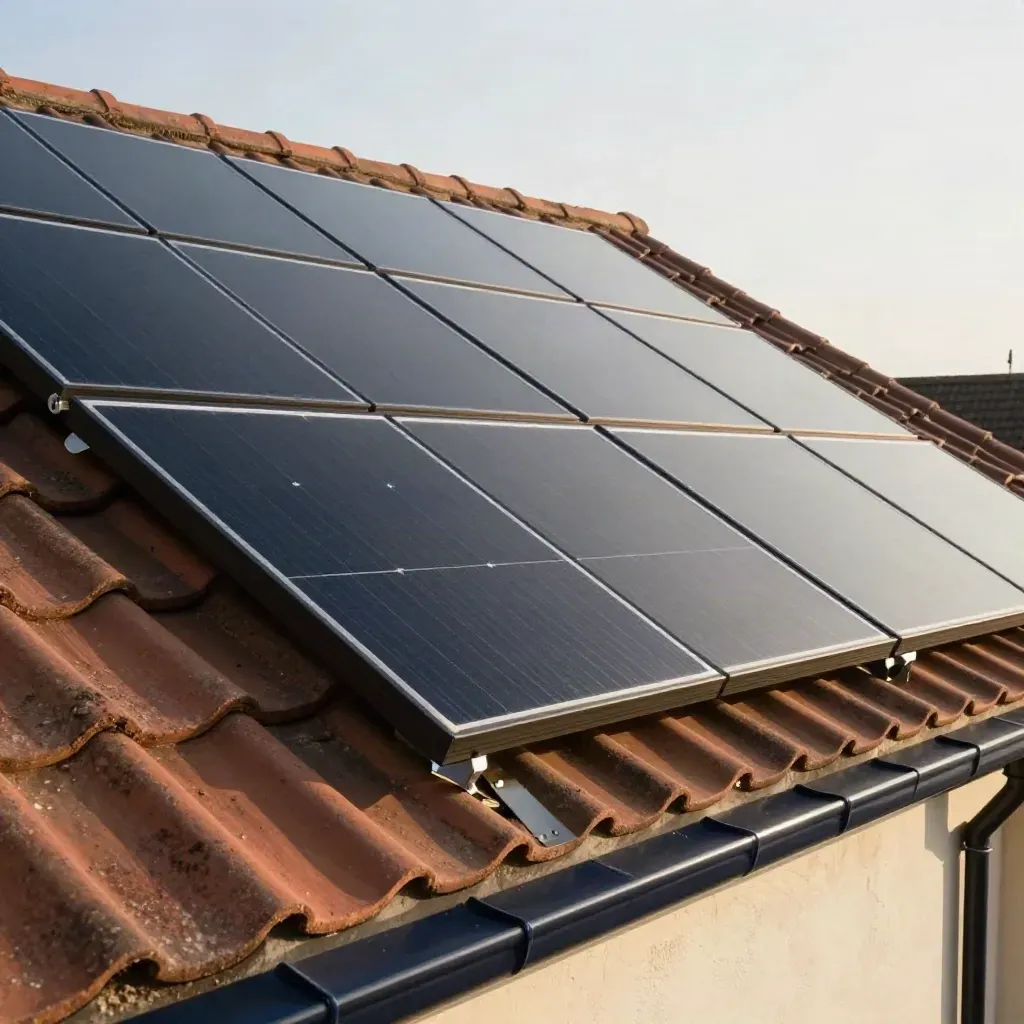 Matte-black solar panels on a steep clay-tile roof, shot low from the gutter in warm daylight.