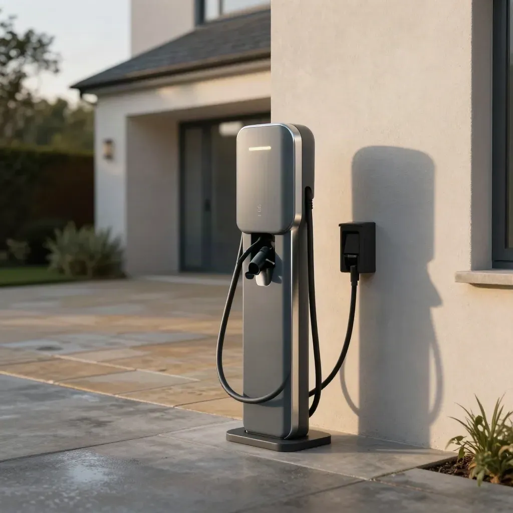 EV charger pedestal on a driveway with cable holster, junction box and house facade in dramatic light.