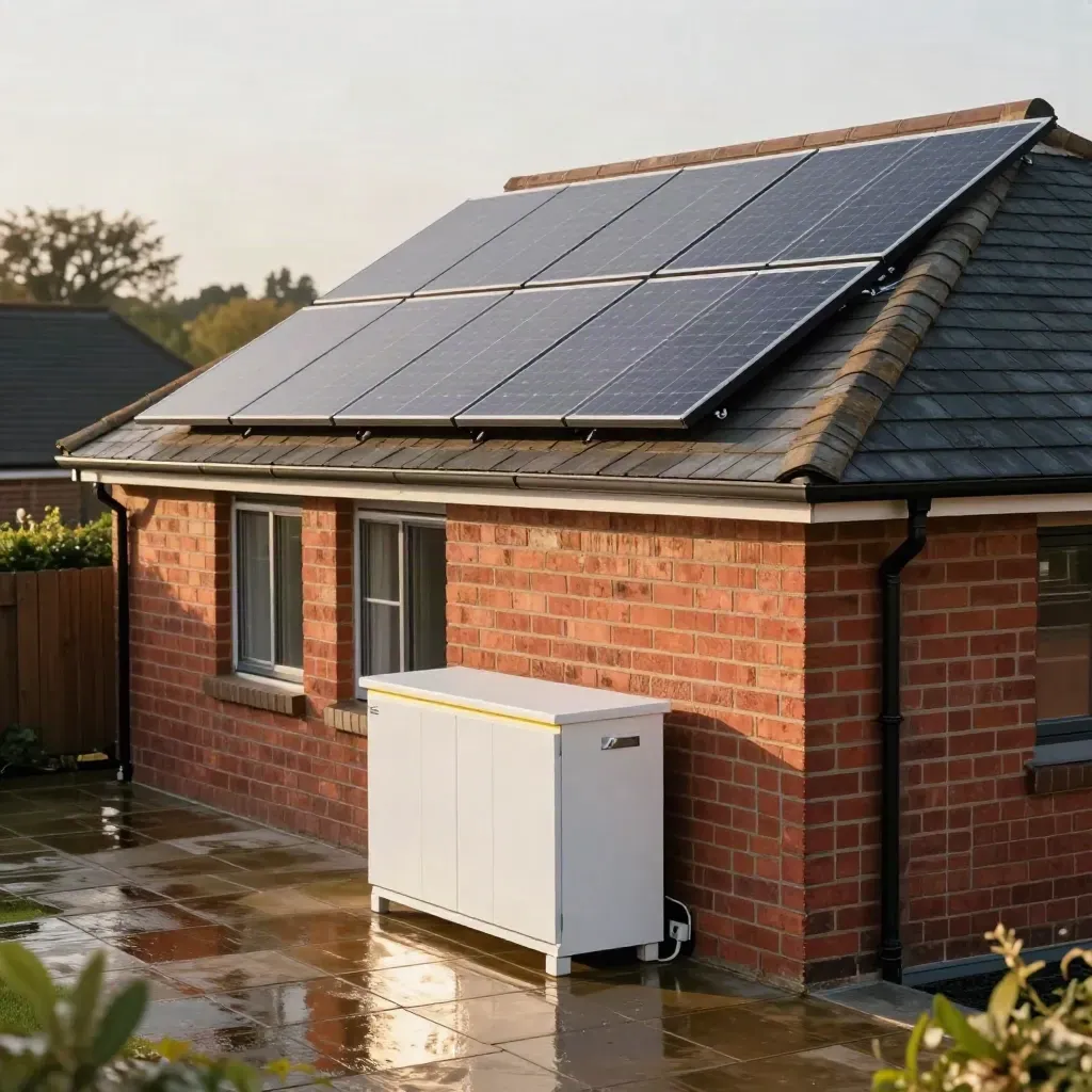 Suburban semi with roof solar array, side battery cabinet and wet patio stones in late afternoon light.