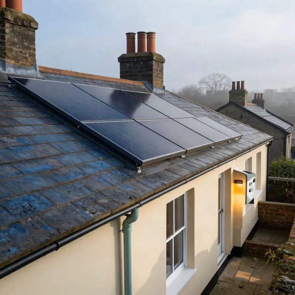 Bristol terrace roof with solar rows and a softly glowing meter cupboard in evening mist.