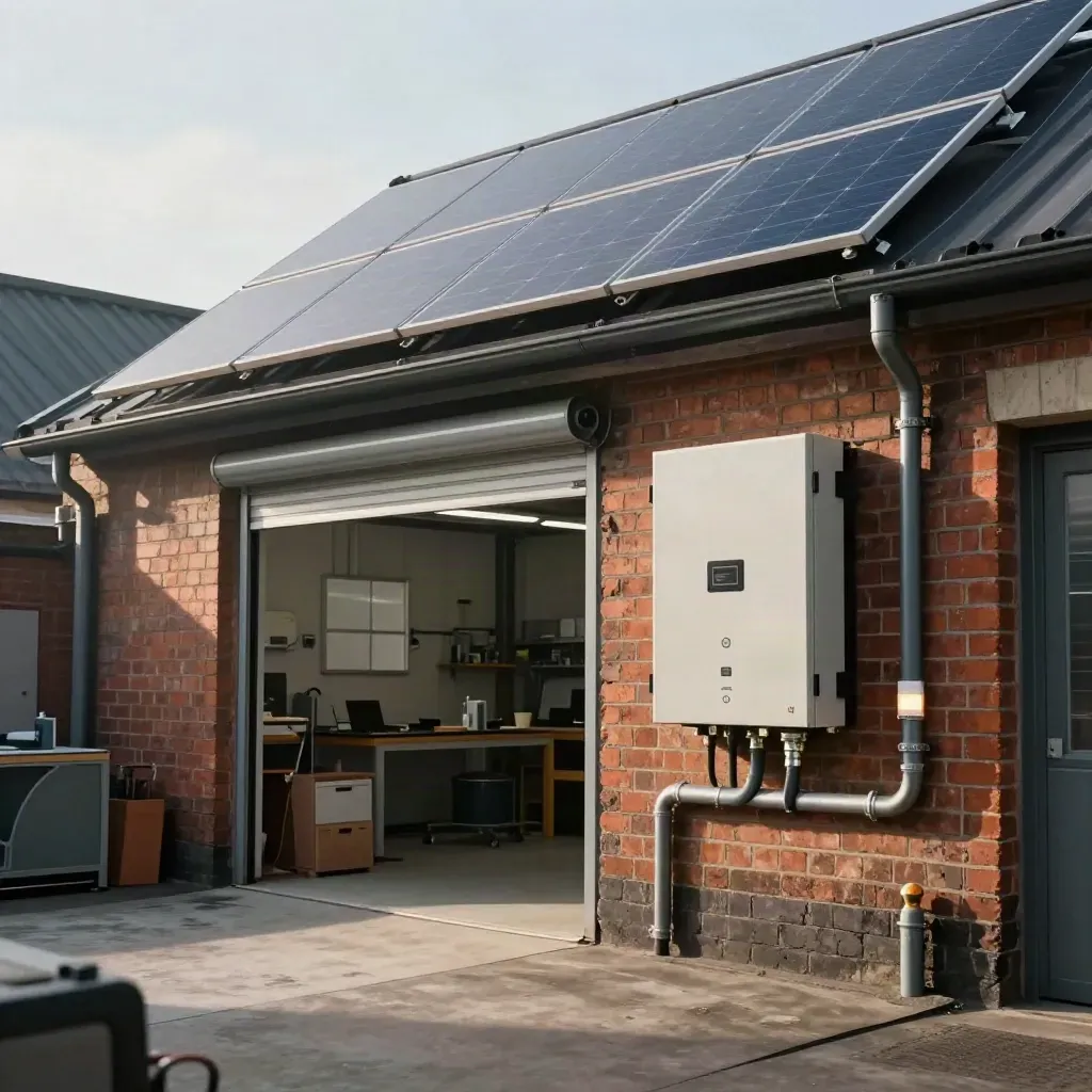 Workshop roof with solar panels and a new inverter glowing beside exposed brick.