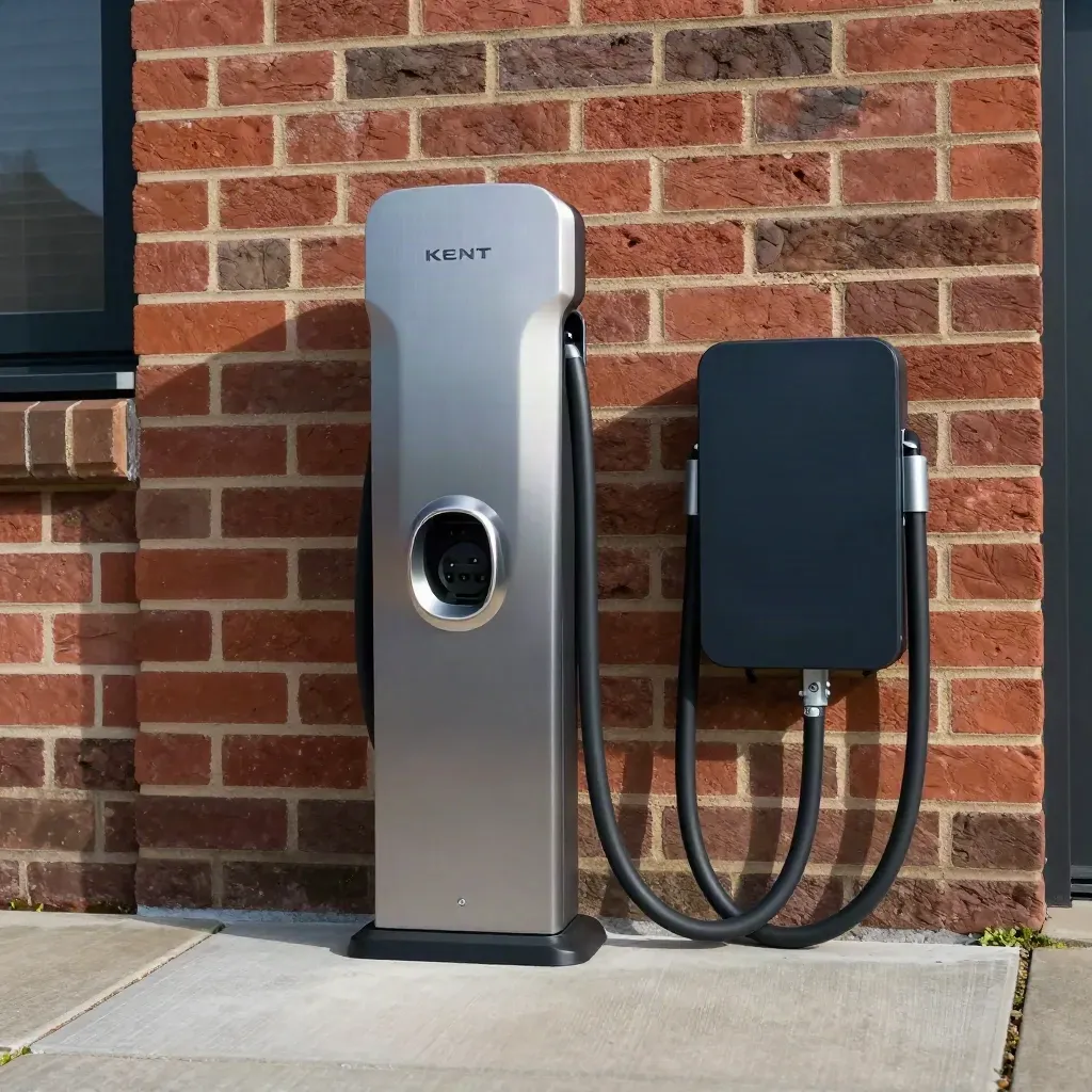 Driveway EV charger and solar gateway on a Kent brick home in crisp daylight.