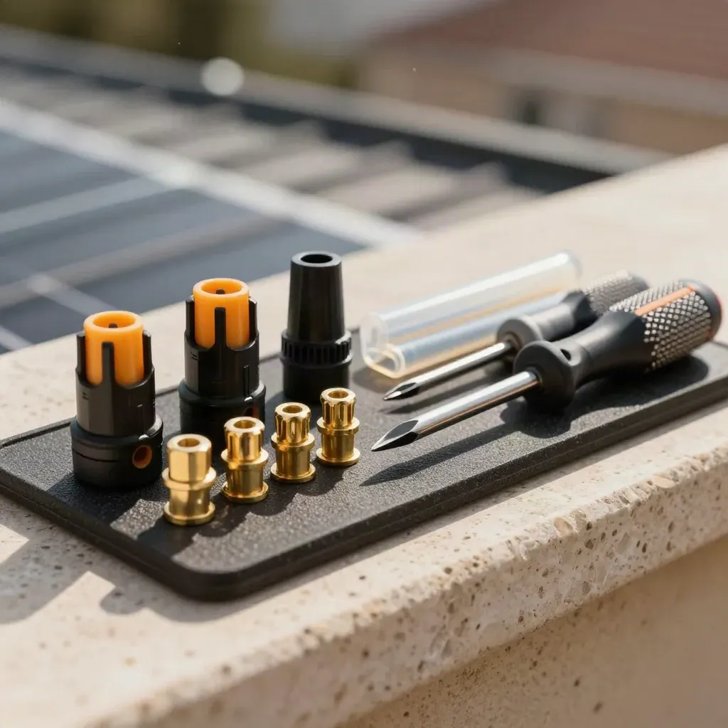 Extreme macro of solar connectors, ferrules, heat-shrink sleeves and screwdriver set on a rubber mat.