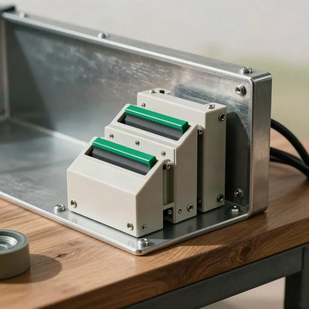 Battery mount brackets, seals and relay block beside a brushed steel enclosure corner on a workbench.