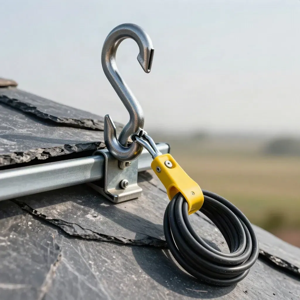 Roof hook, slate shard, rail clamp and solar cable in a dusty close-up
