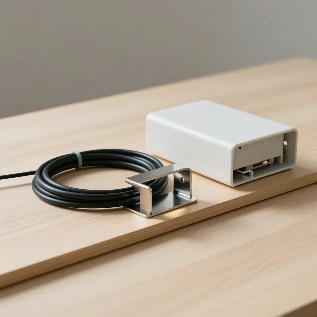 Solar kit components neatly arranged on pale wood with a clean, planned layout.