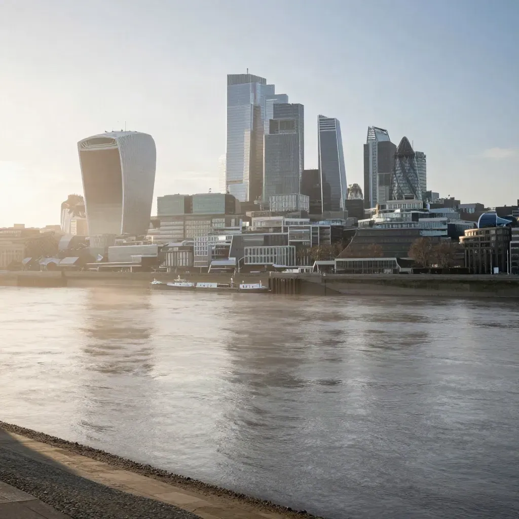 London skyline above the Thames in warm haze, with calm embankment and open water below.