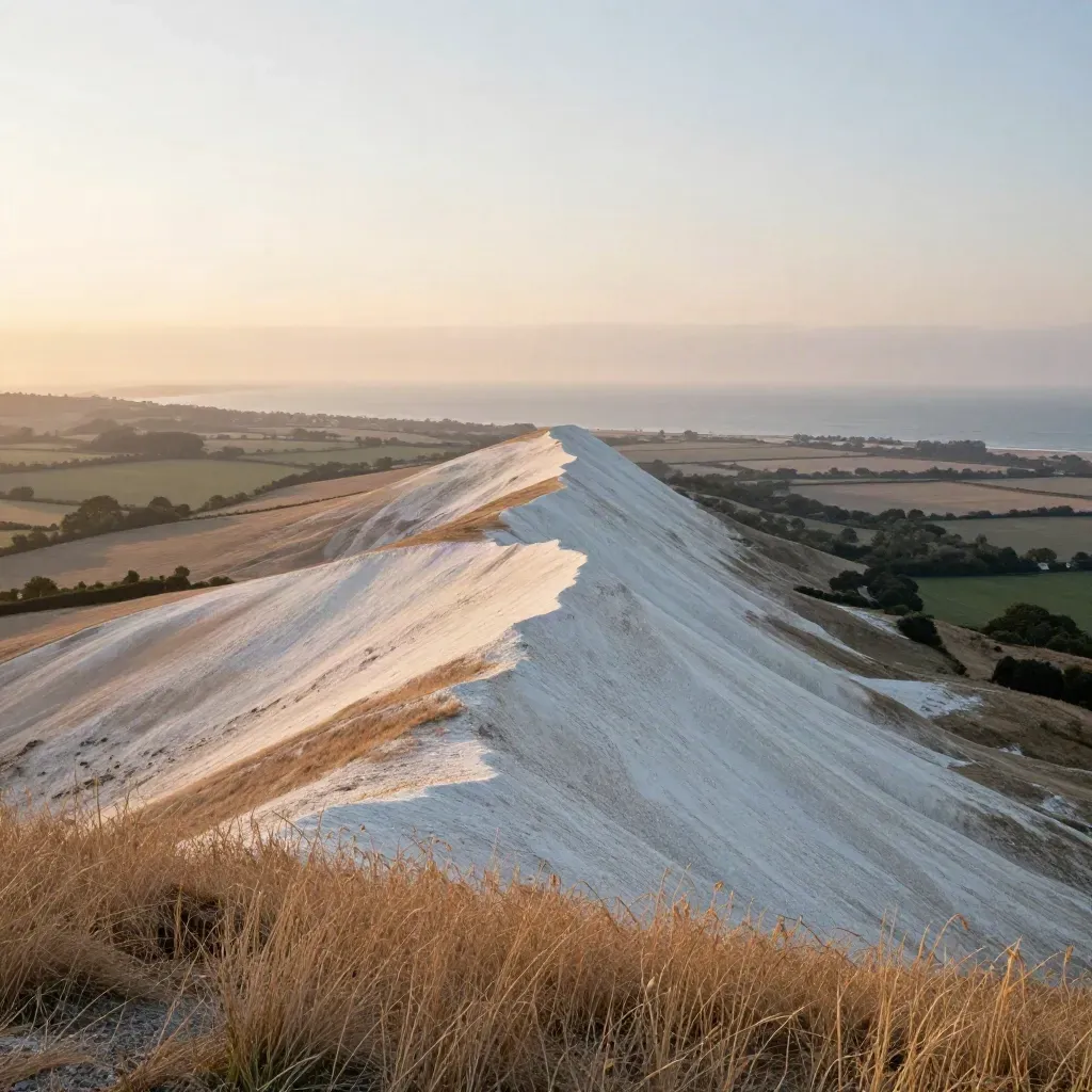 South Downs chalk ridge at golden hour above misty fields and a pale coast