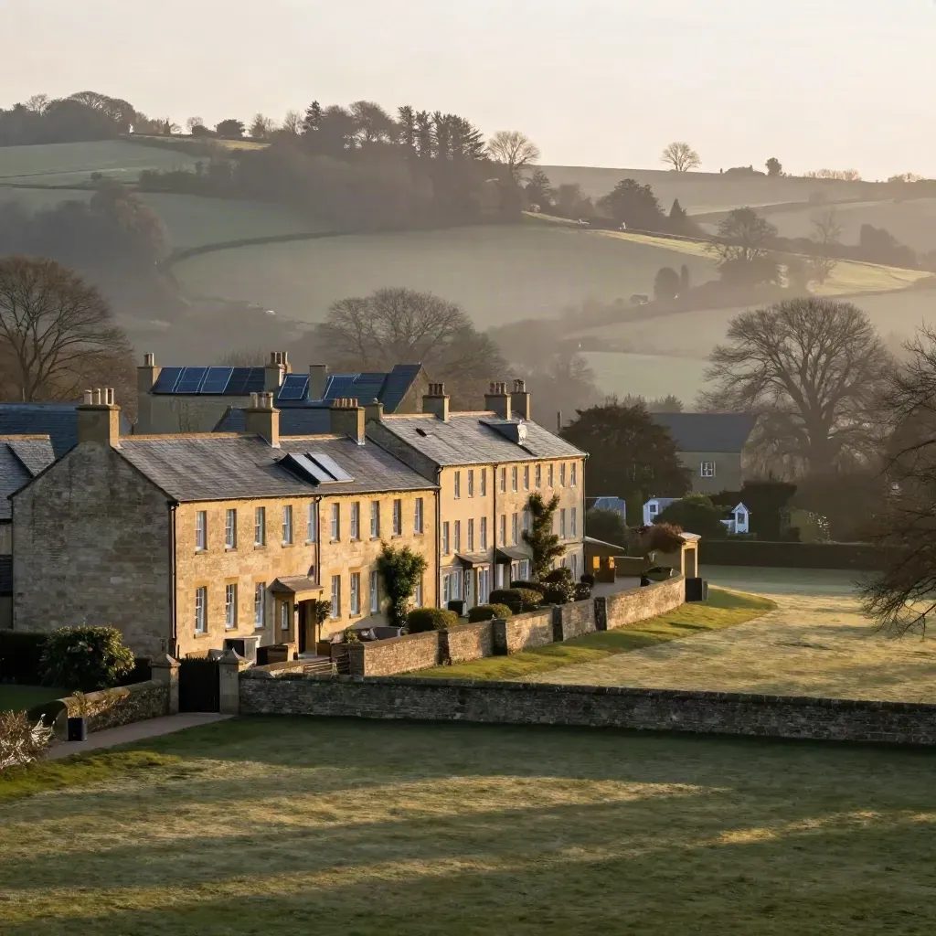 Bath stone terraces above a hazy West Country valley at sunset, with solar roofs high in frame