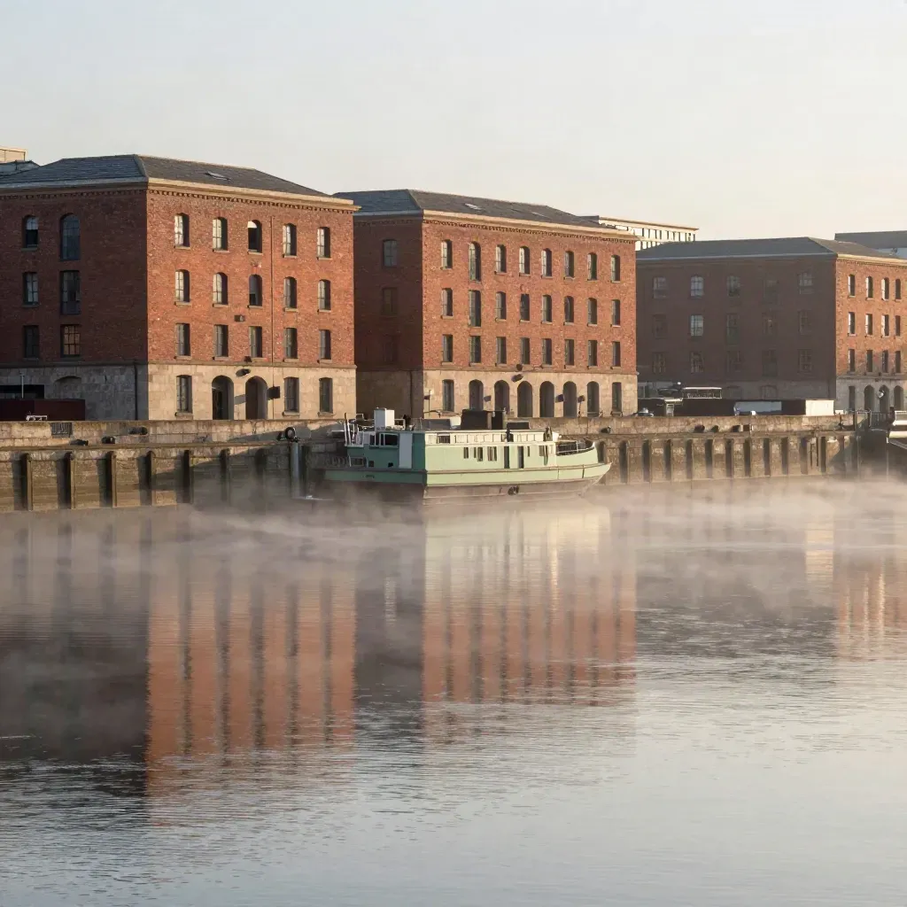 Liverpool waterfront silhouettes reflected in calm dusk river haze