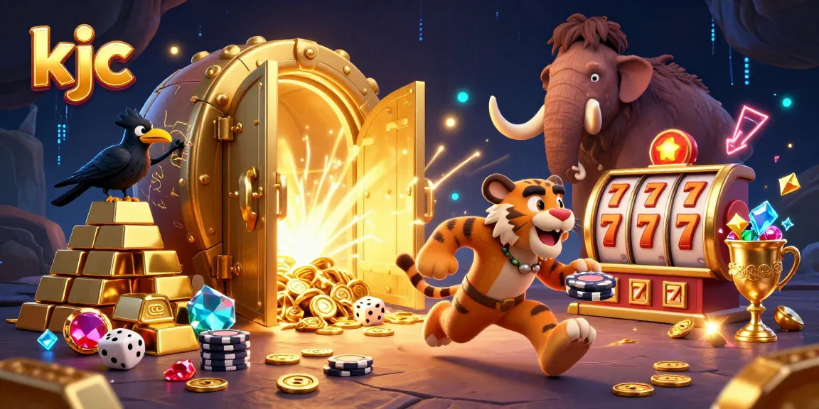 KJC's dynamic casino scene featuring a caveman and sabertooth tiger amidst gold treasures.