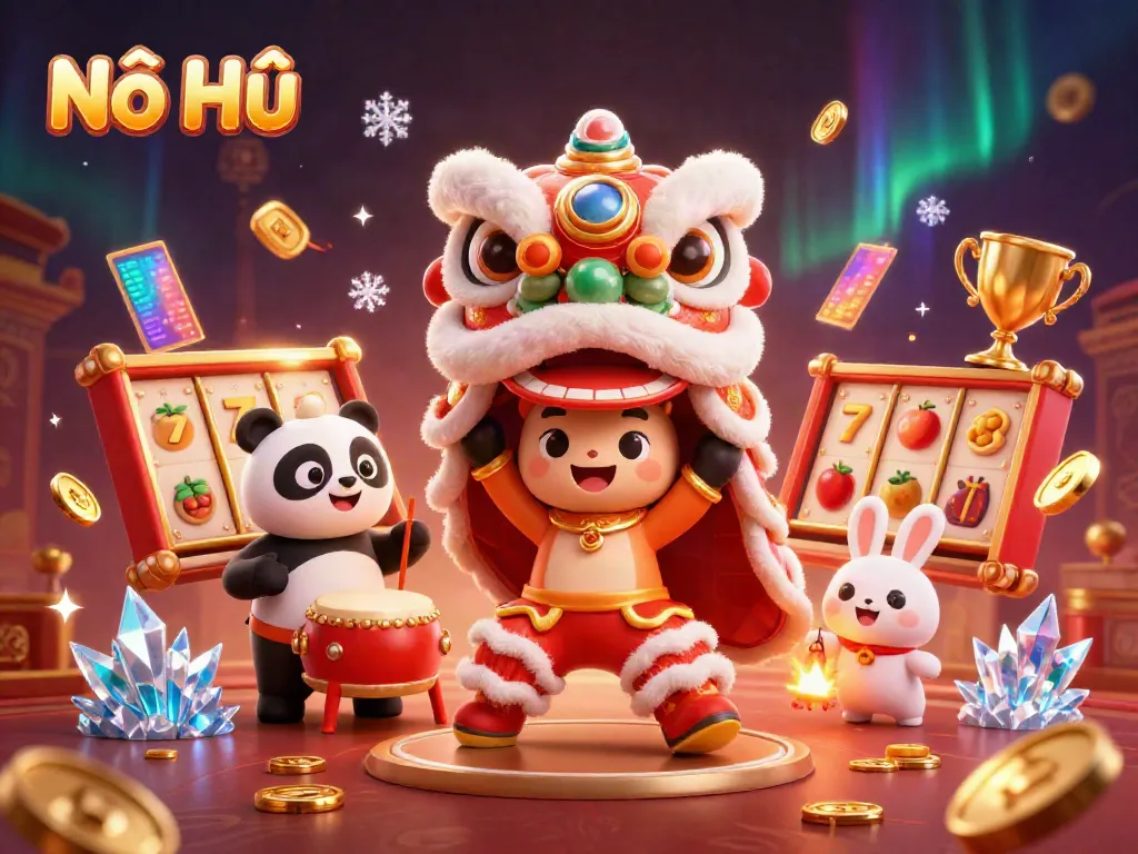 Nổ Hũ showcases a vibrant 3D casino scene with playful characters dancing, slot reels, and glowing jackpot elements for an engaging experience.