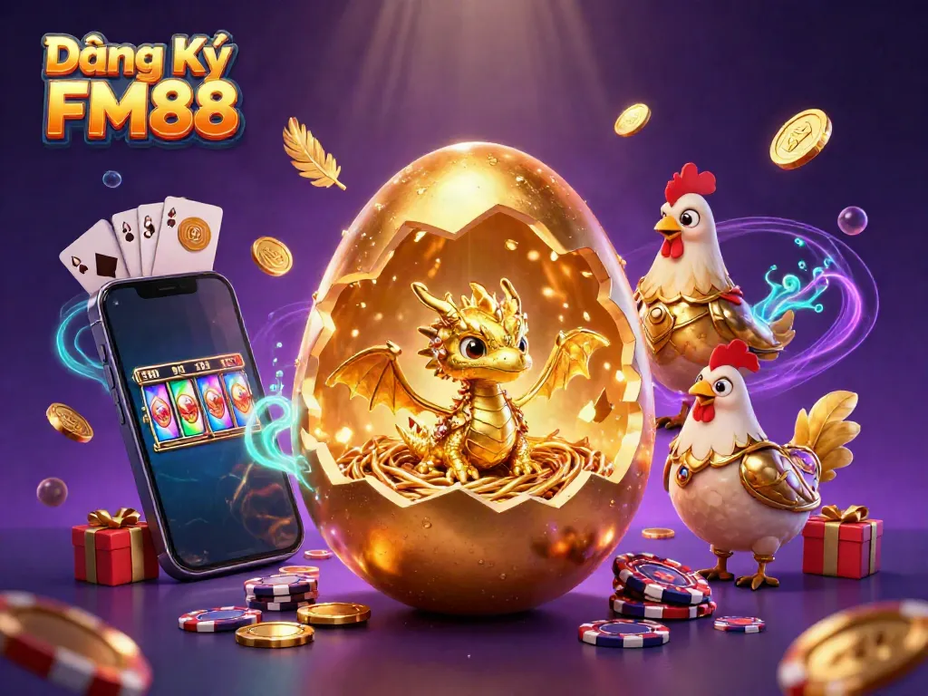 Experience the excitement of Đăng Ký FM88 with a vibrant scene showcasing golden elements and dynamic gaming visuals.