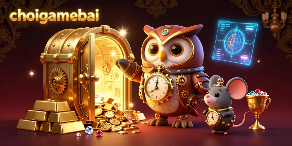 Experience choigamebai with this vibrant 3D casino illustration featuring time-traveling characters and treasures.
