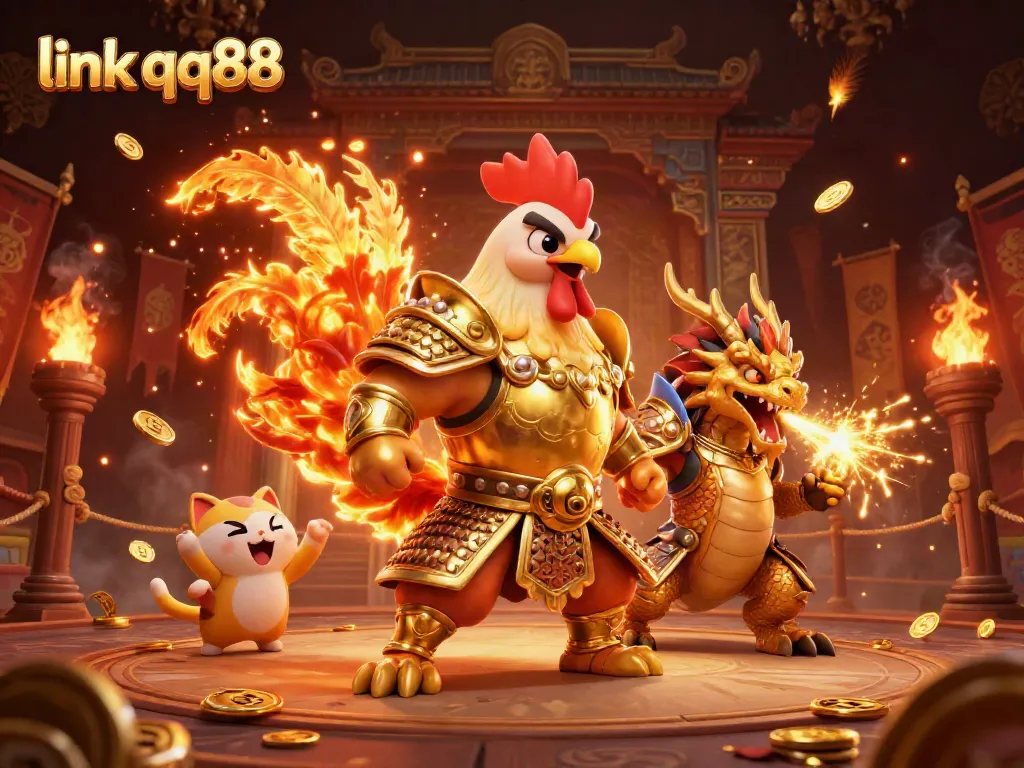 Experience thrilling gameplay with link qq88 featuring the fighting rooster, dragon hatchling, and fortune cat in a vibrant casino arena.
