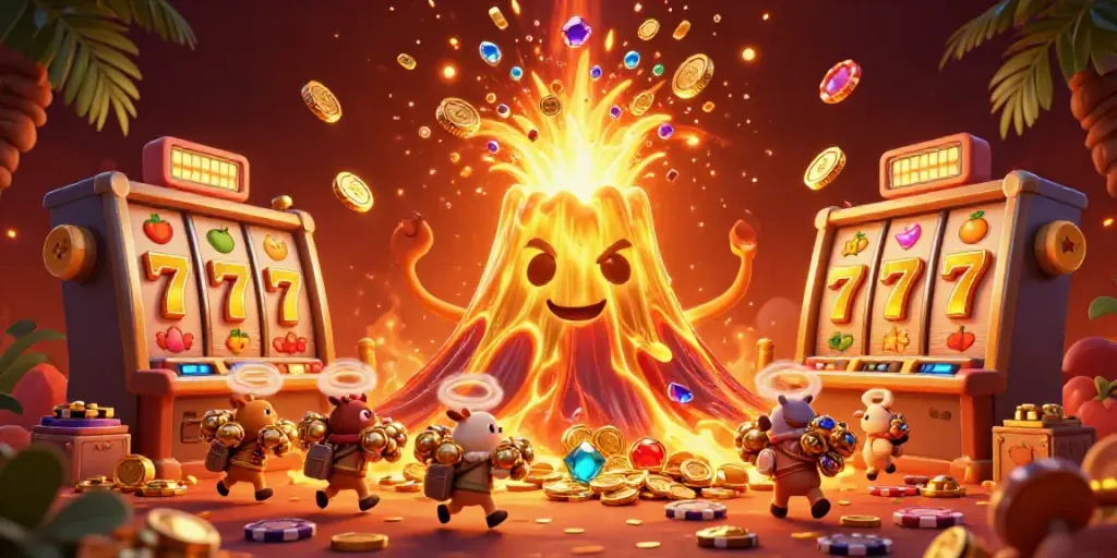 Experience the excitement of go88 with a vibrant scene featuring a golden volcano and slot machines.