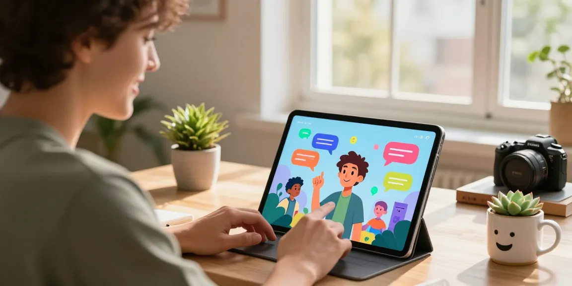User engaging with sluts ai character on a tablet in a vibrant modern workspace, showcasing interactive fun.