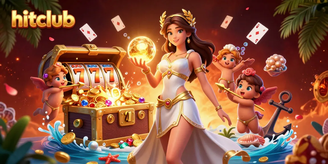Hitclub offers a thrilling casino experience, showcasing a goddess surrounded by slot reels and gold.
