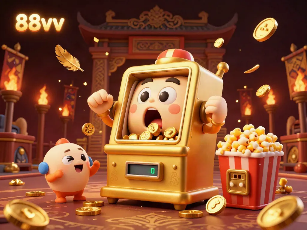 Excitedly celebrate a jackpot at 88vv with a lively 3D cartoon slot machine surrounded by cheering companions.