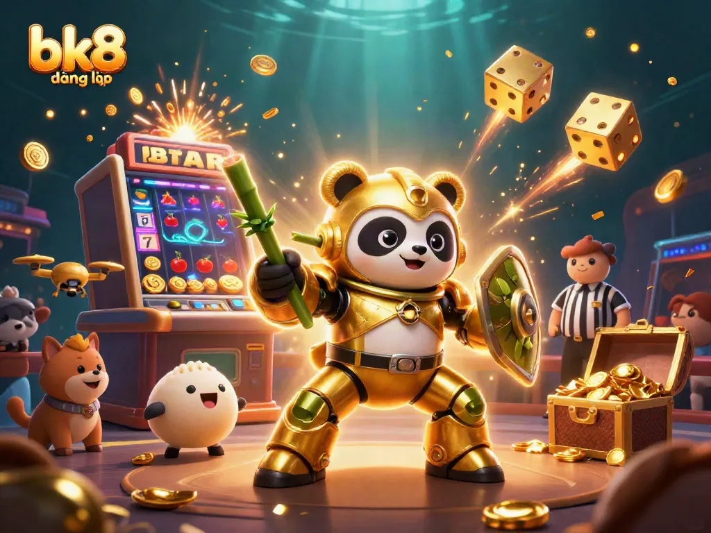 Engage with bk8 đăng nhập to experience a vibrant 3D casino adventure featuring slot machines, gold coins, and animated characters.