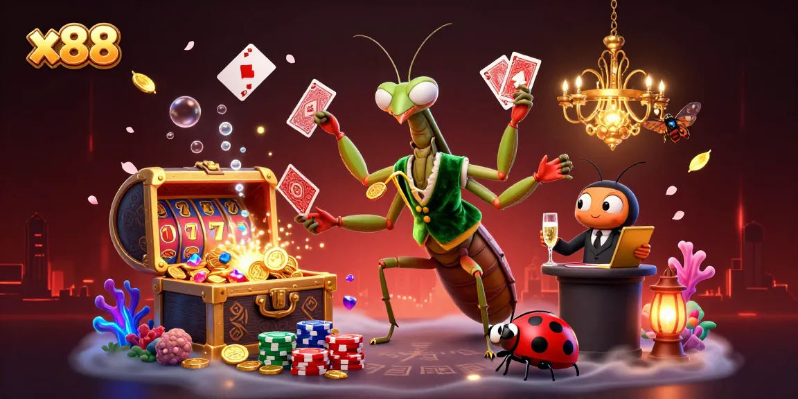 x88 captivates players with a dynamic casino scene featuring a giant mantis card sharp, coins, and slot elements