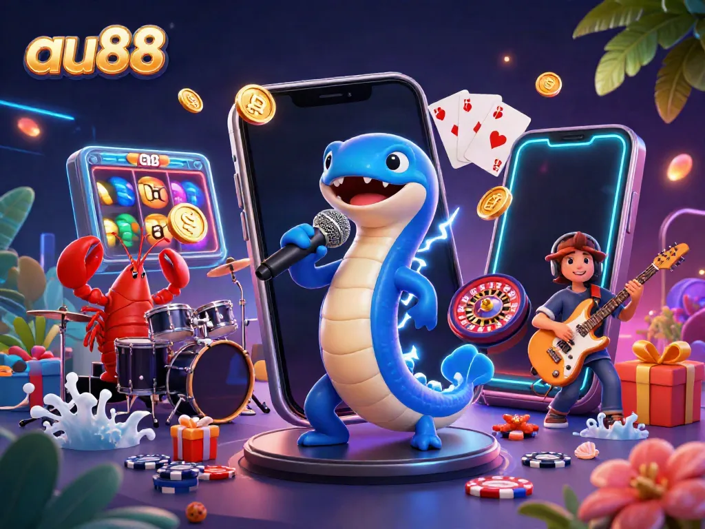 Experience the excitement of au88 with a vibrant underwater casino featuring an electric eel DJ, golden coins, and spinning slot games.