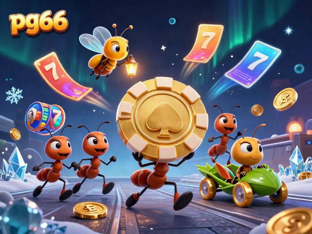 Experience thrilling adventures at pg66 online casino with ants heisting a giant poker chip in this vibrant illustration.