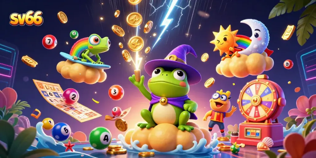 Experience the thrill of sv66 with vibrant lottery elements and characters in a dynamic casino scene.