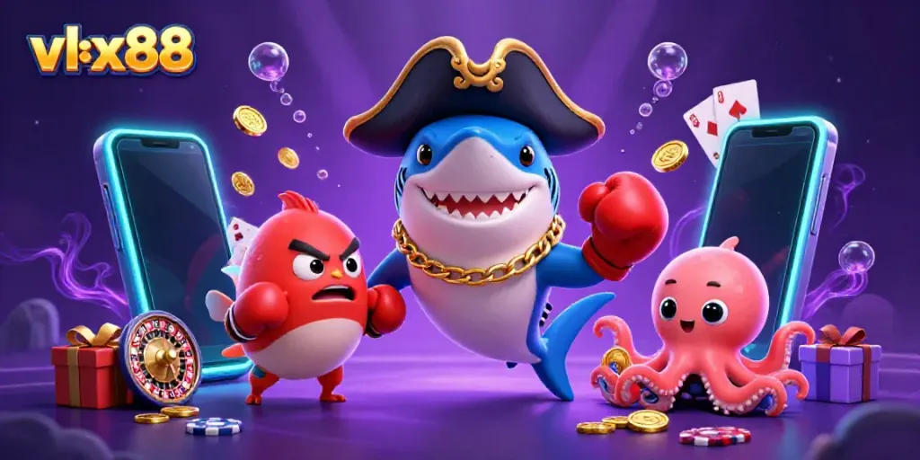 Engage in thrilling casino action with vlxx88, featuring an adventurous pirate shark and vibrant gaming elements.