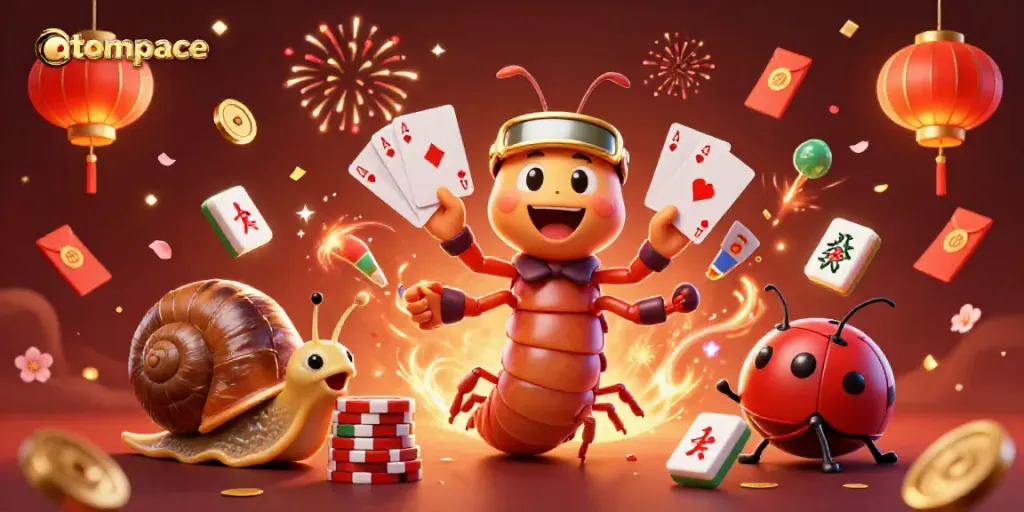Score big with atompace in this vibrant 3D digital casino scene featuring animated characters and festive elements.