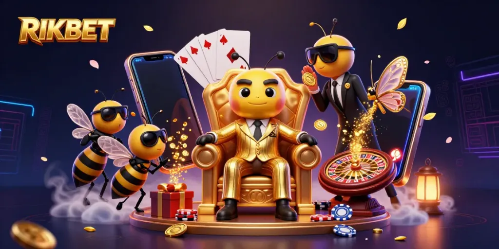 Experience thrilling gaming at RIKBET with buzzing characters and dynamic casino elements in a vibrant scene.