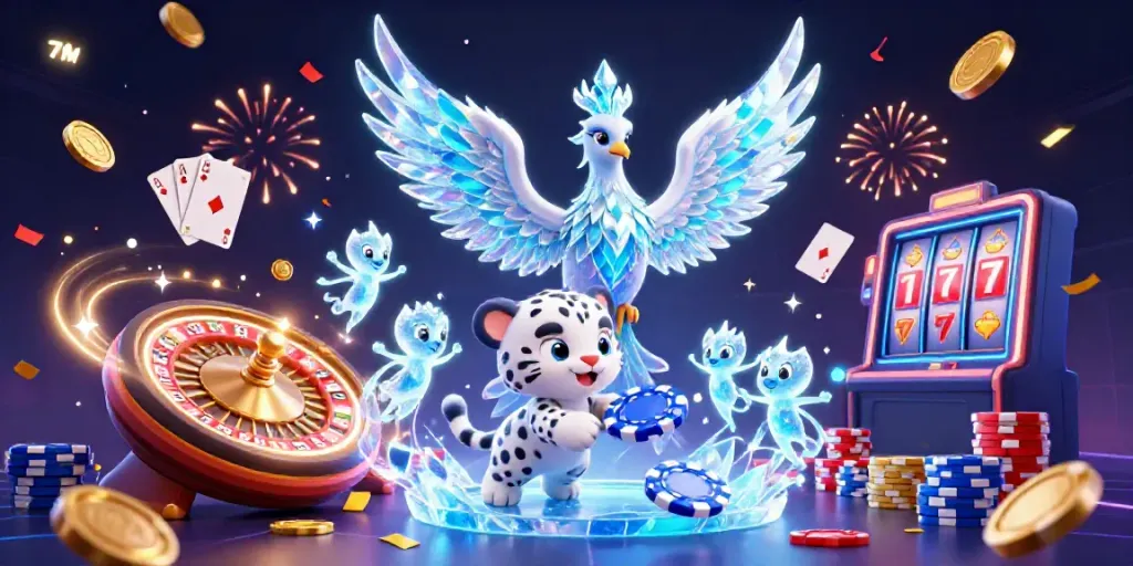 Experience the thrill of 7M with a lively illustration of an ice phoenix and casino elements.