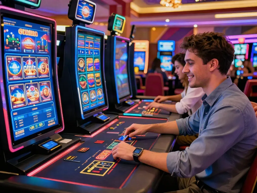 Player at online casinos that accept credit cards, enjoying various games in a vibrant casino atmosphere.