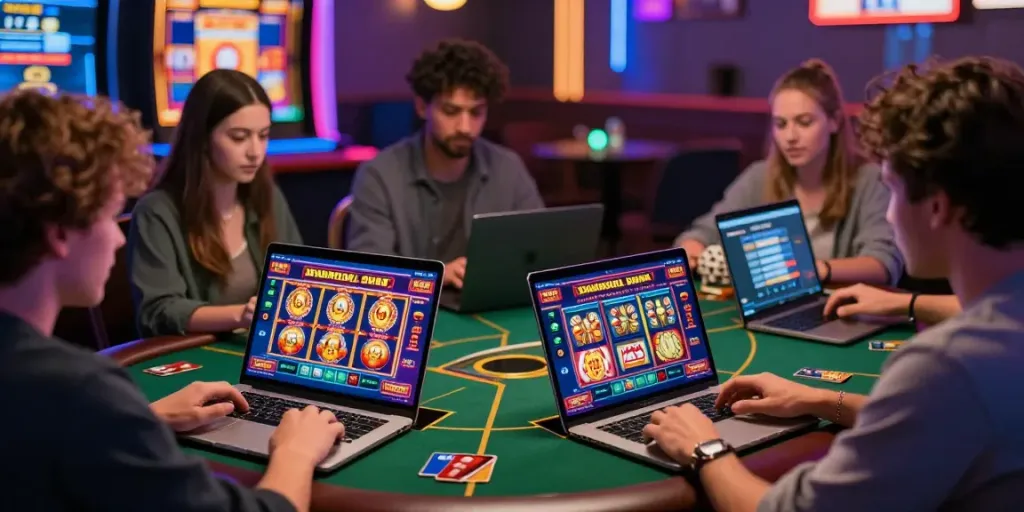 Players enjoying the best credit card casinos on stylish devices with exciting game displays.
