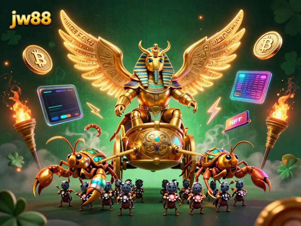 Experience unmatched action with jw88, featuring a golden scarab in a dynamic casino-themed scene.