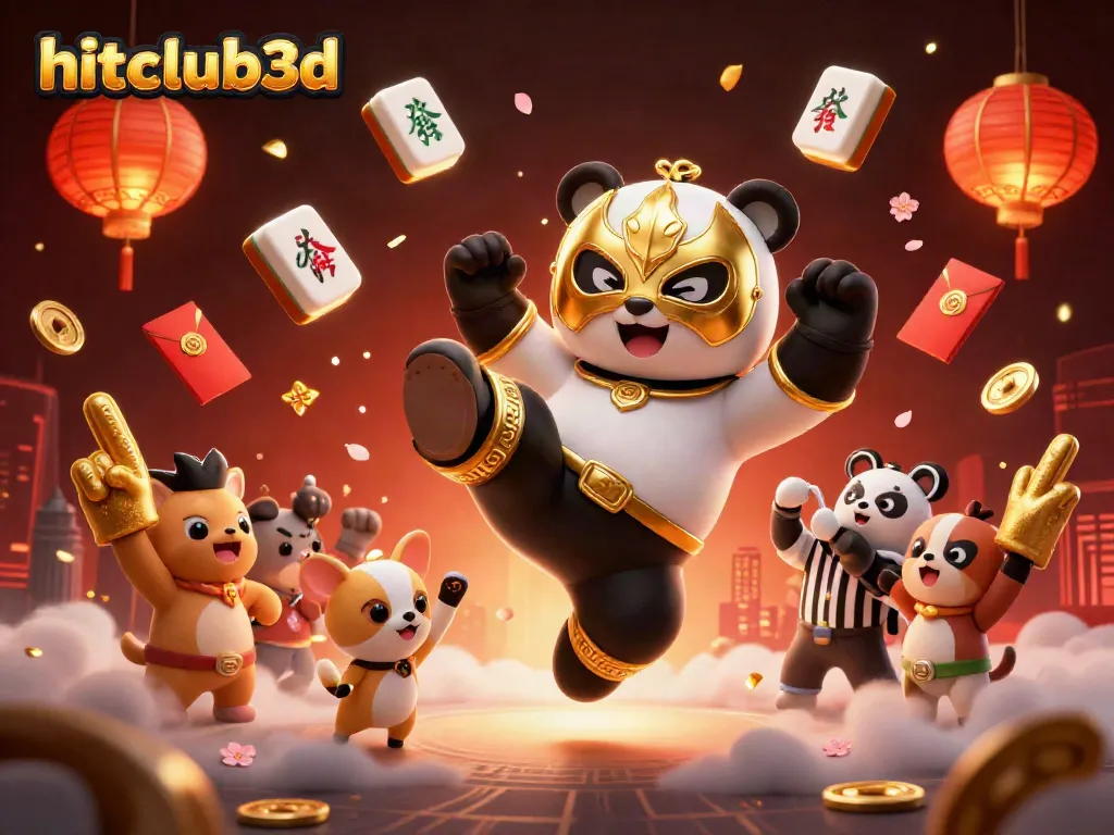 Players winning big at hitclub3d with energetic panda and referee in a vibrant casino atmosphere.