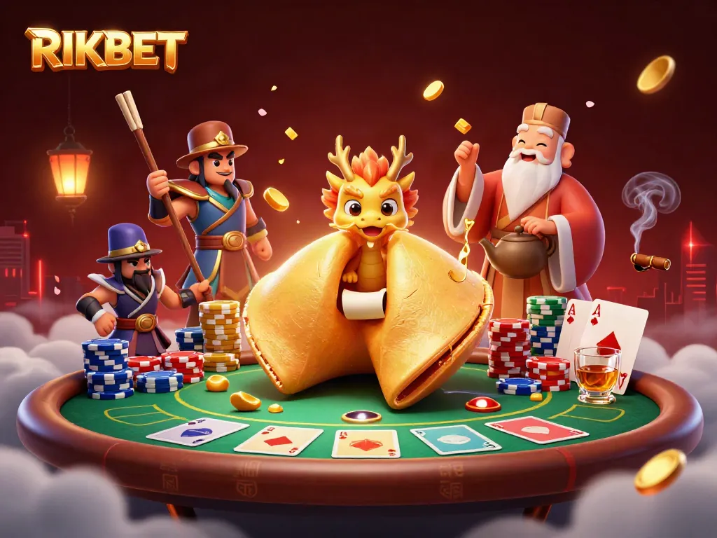 Experience thrilling wins at RIKBET with a 3D illustration showcasing a golden fortune cookie and dynamic casino elements.