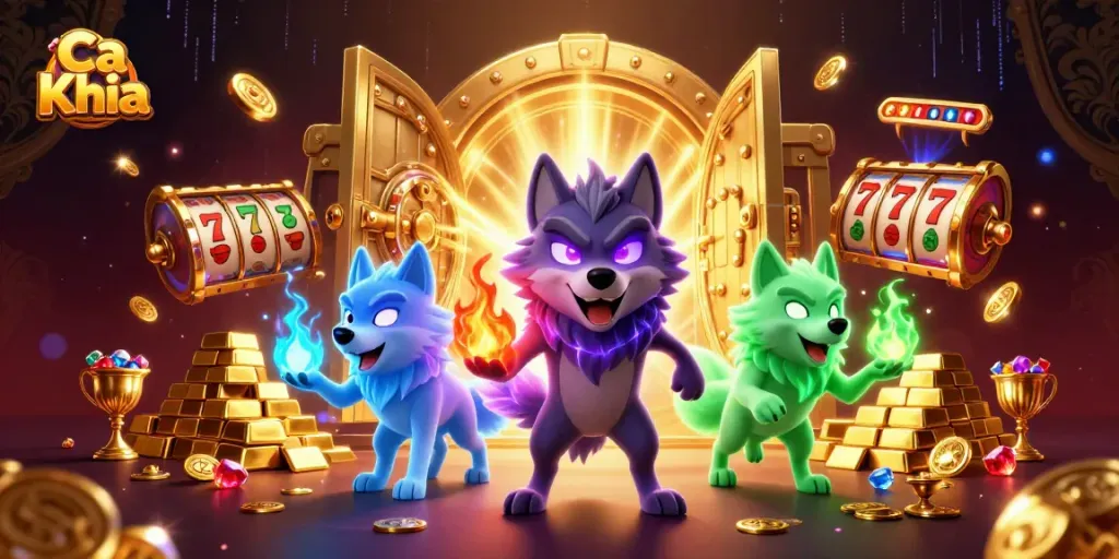 Engage with the exciting Ca Khia casino scene showcasing vibrant treasures and ghostly wolves.