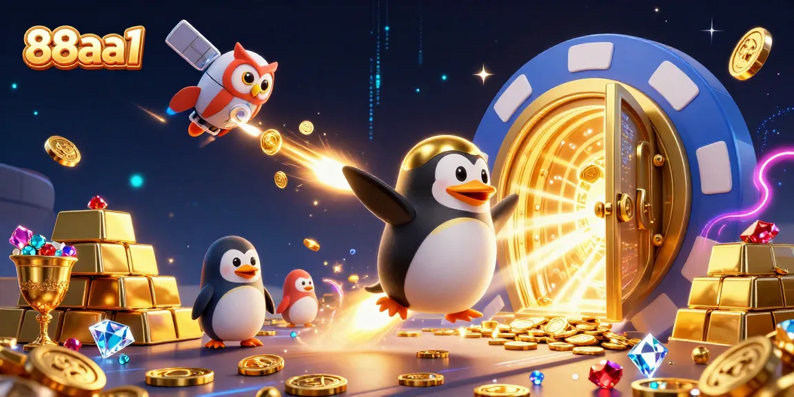 Experience the thrilling adventure of 88aa1 with a golden penguin exploring a vibrant casino universe.