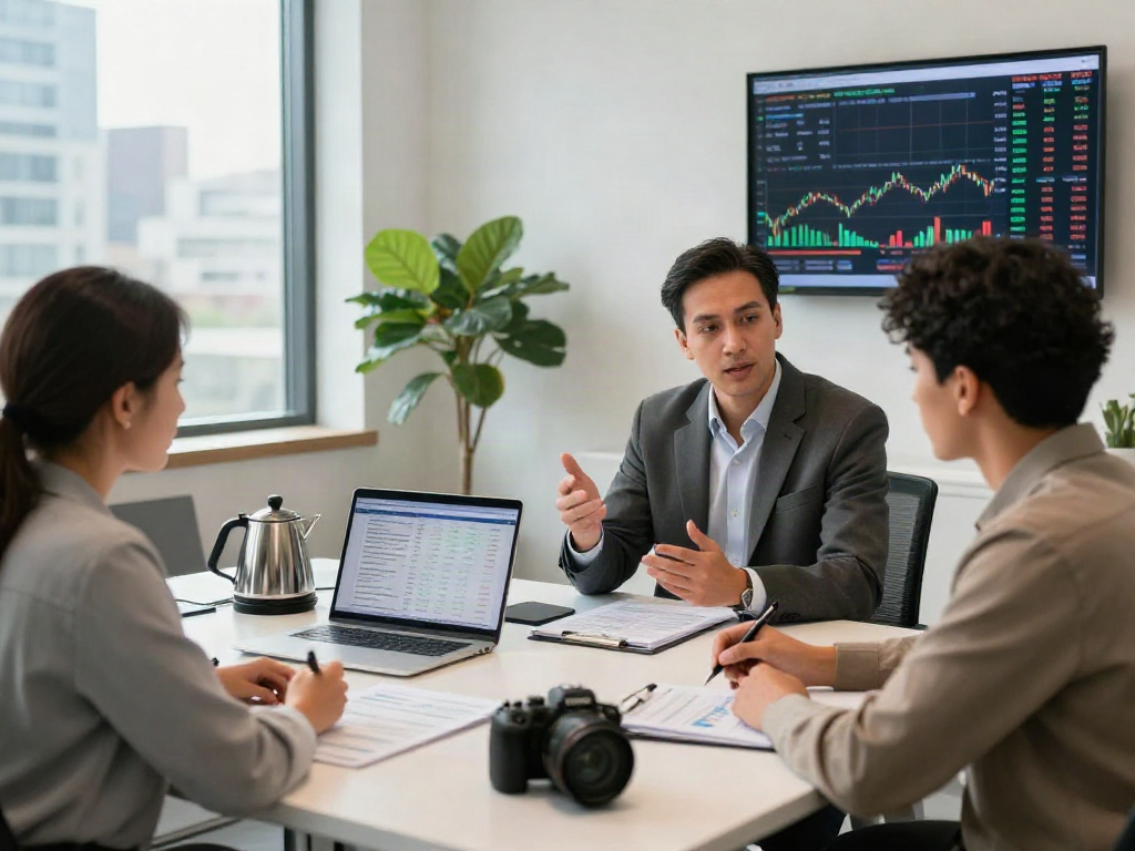 Financial advisor guiding clients on depo 10k investment strategies in modern office.
