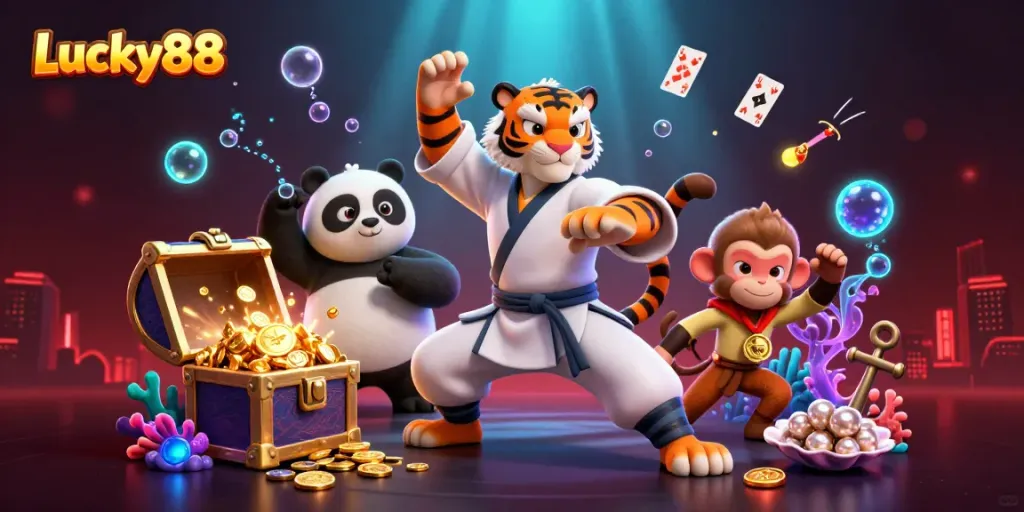 Engage in thrilling gameplay at Lucky88, showcasing vibrant characters and rich casino elements.