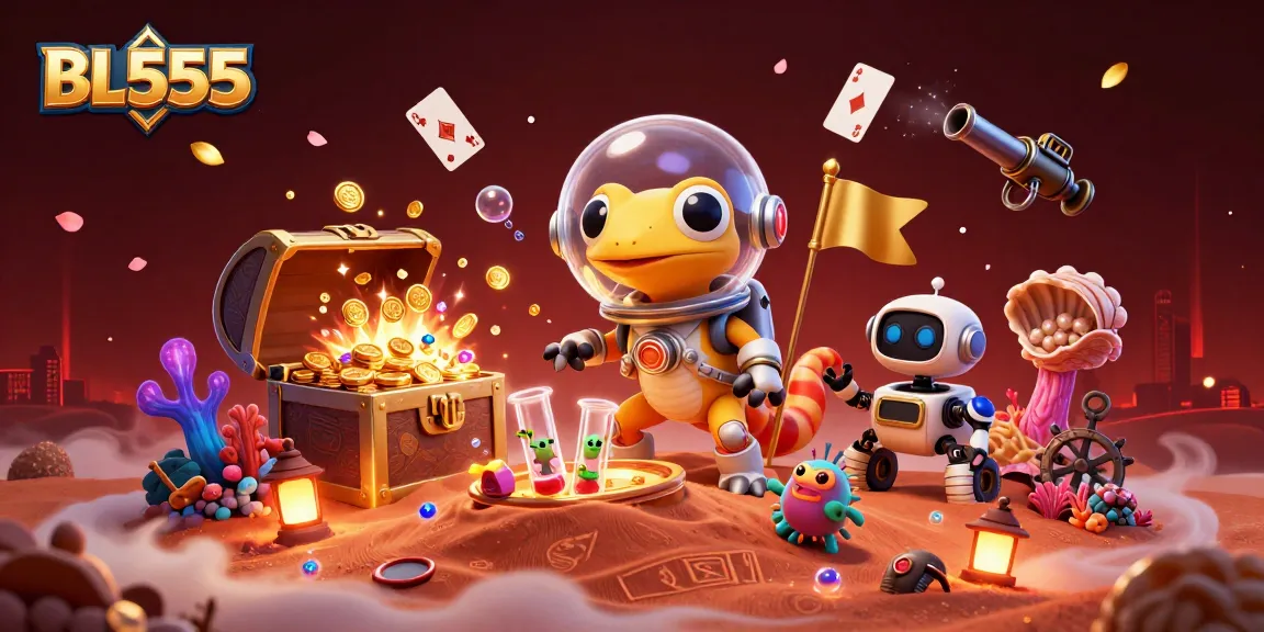 Win big with BL555 in an exciting 3D casino adventure scene filled with vibrant treasures.