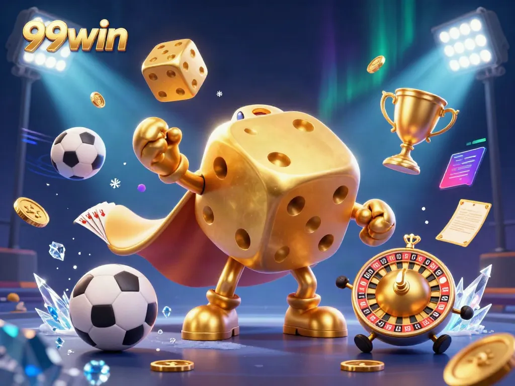 Play and win at 99win with an exciting 3D illustration of golden dice and sports elements.