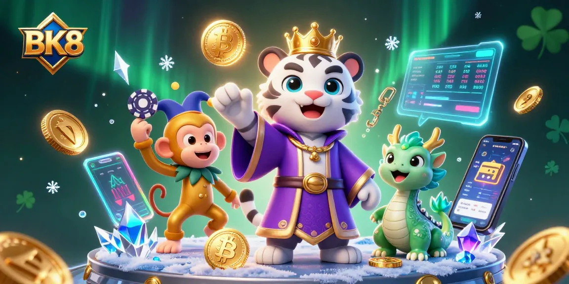 Engage with BK8's thrilling casino atmosphere featuring a regal tiger, jester monkey, and animated dragon.